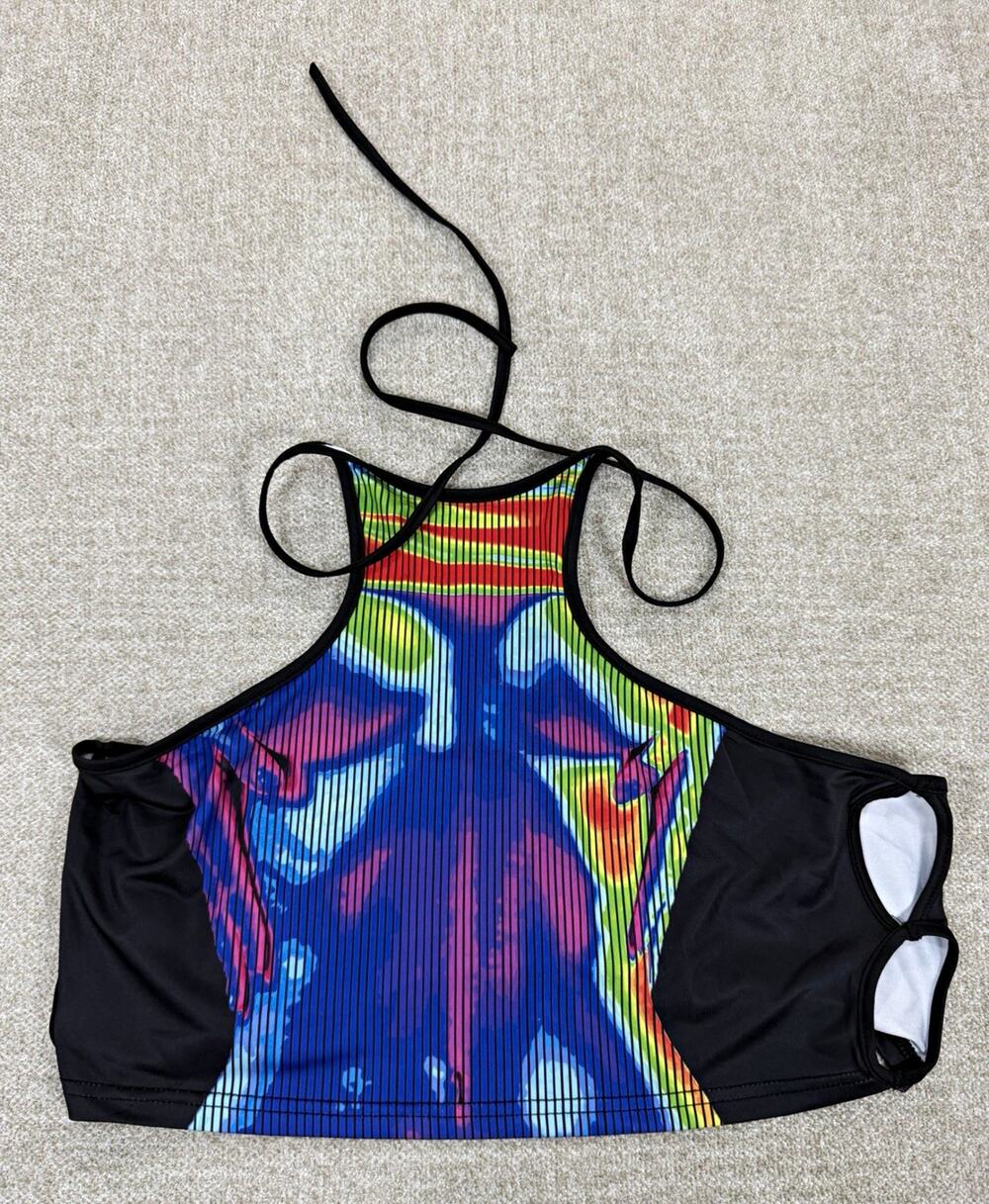 Women’s XL Halter Swim Top Abstract Multicolor/Black Stretch Polyester Blend
